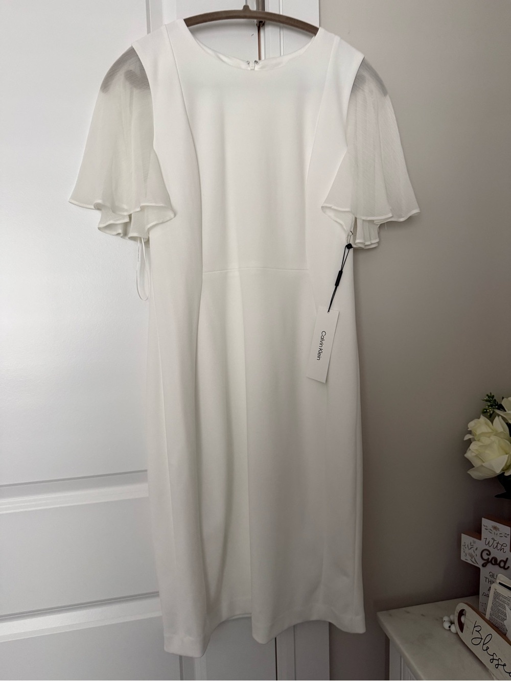 Calvin Klein White Minimalist Dress with Branded Neckline size 8